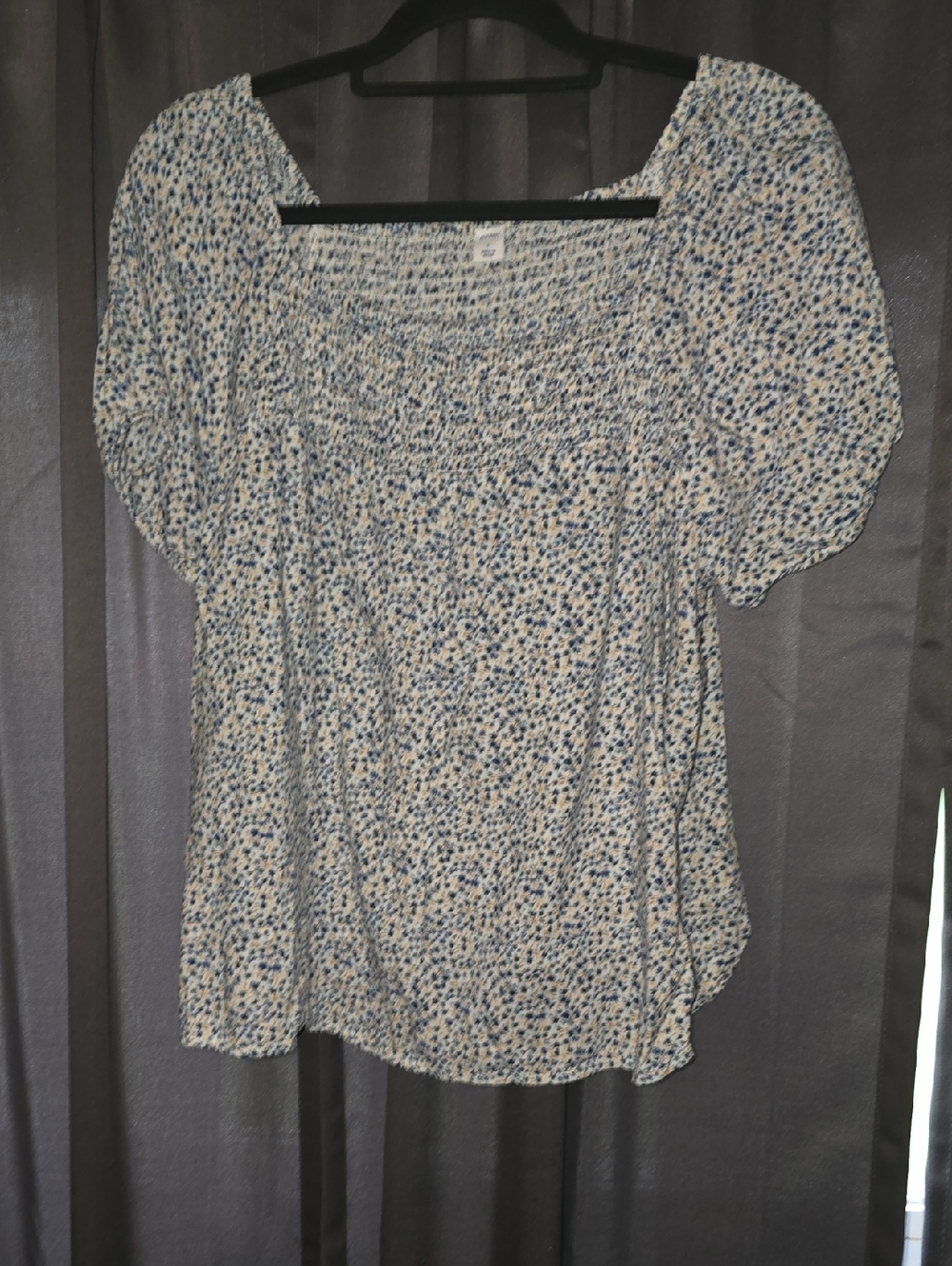 Old Navy Blue and Cream Floral Smocked Square-Neck Top